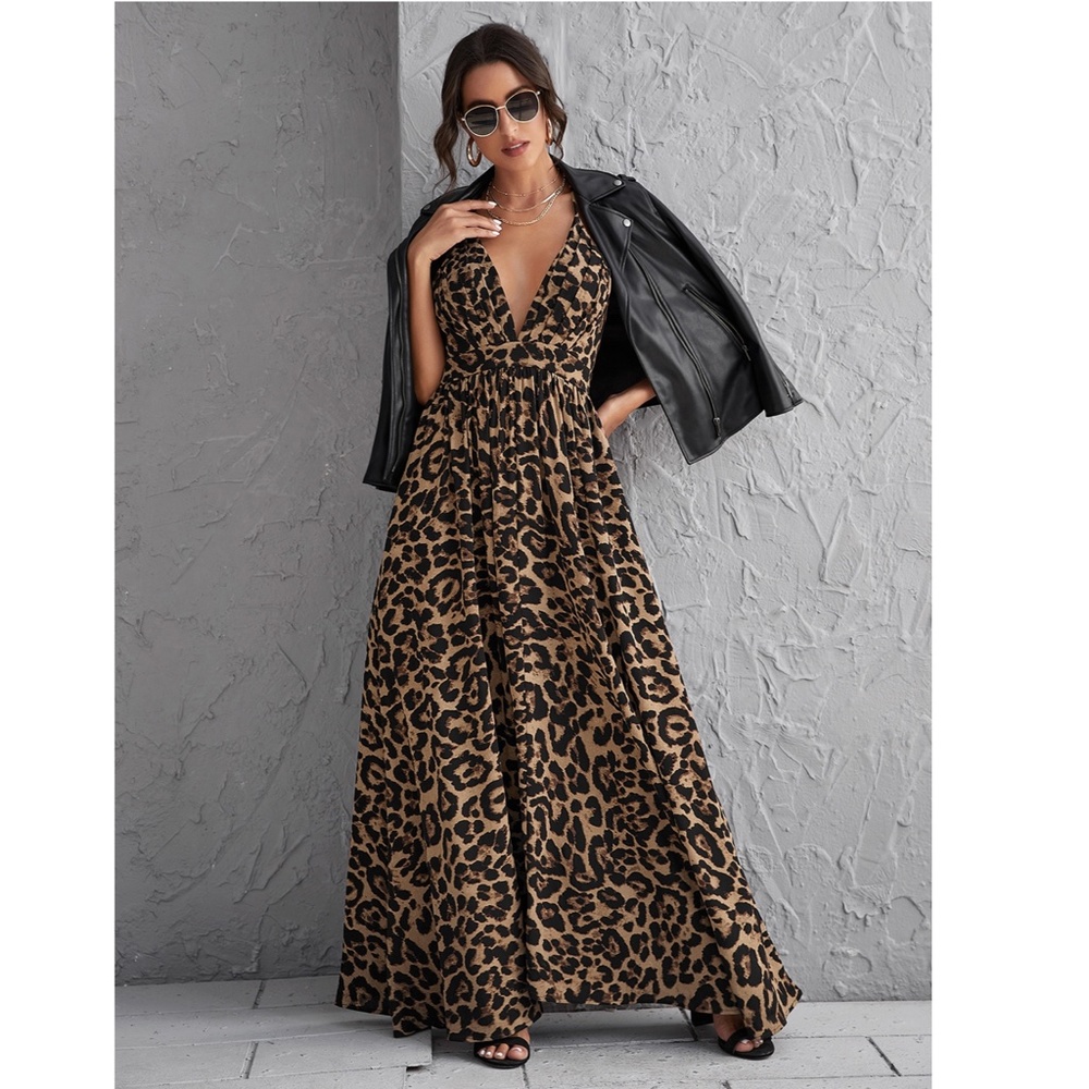 Backless Cheetah Maxi Dress Criss Cross V-Neck - Picture 7 of 16